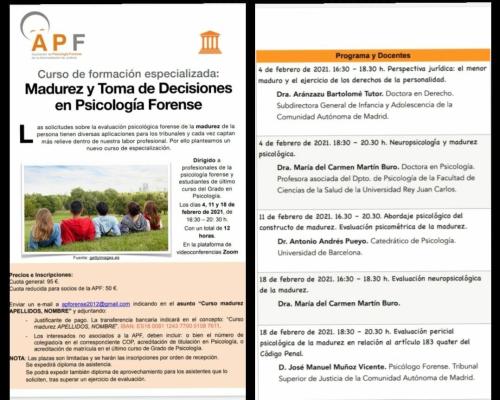 Curso online "Evaluación psicológico forense de la Madurez y Toma de decisiones" Curso online "Evaluación psicológico forense de la Madurez y Toma de decisiones"